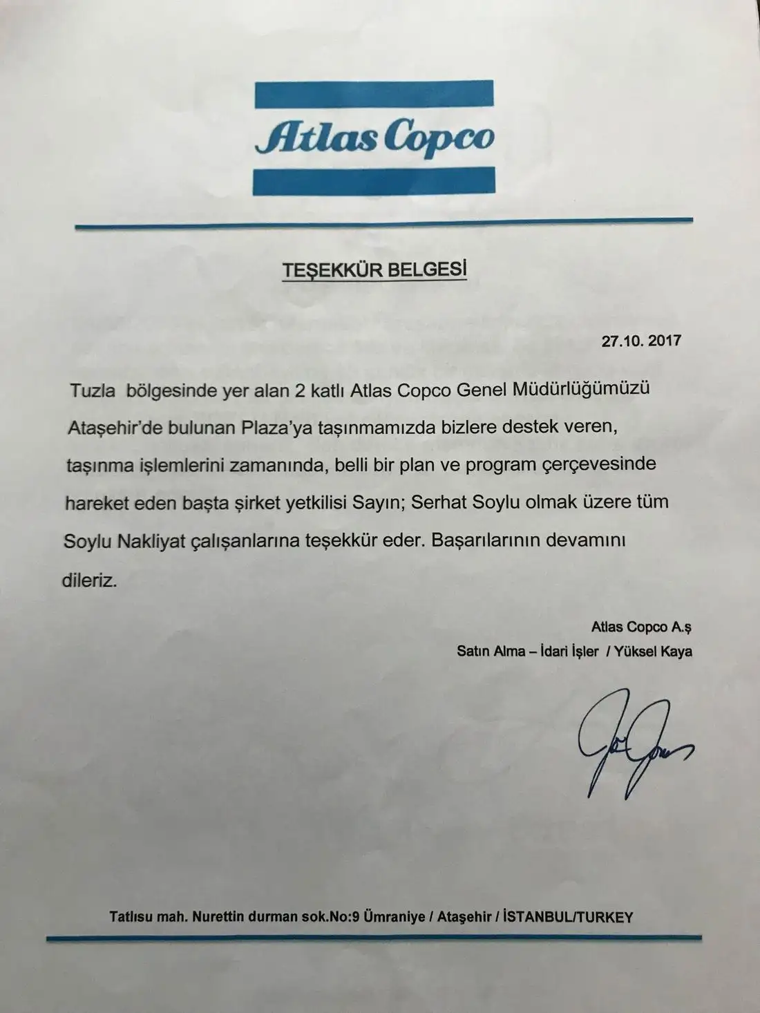 Atlas Copco tarafından Soylu Nakliyat'a verilen genel müdürlük taşıması teşekkür belgesi