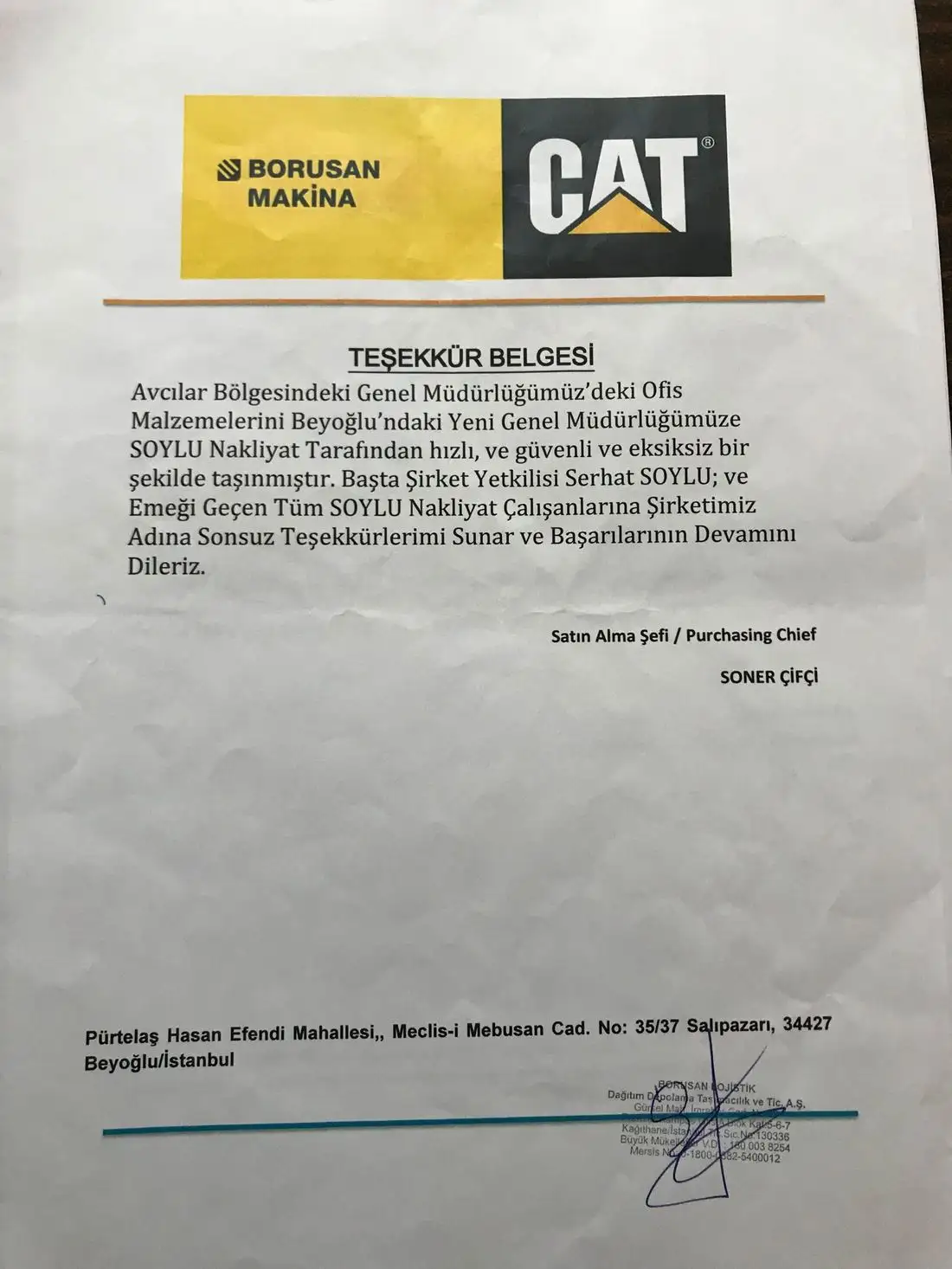 Borusan Makina (CAT) tarafından Soylu Nakliyat'a verilen genel müdürlük taşıması teşekkür belgesi