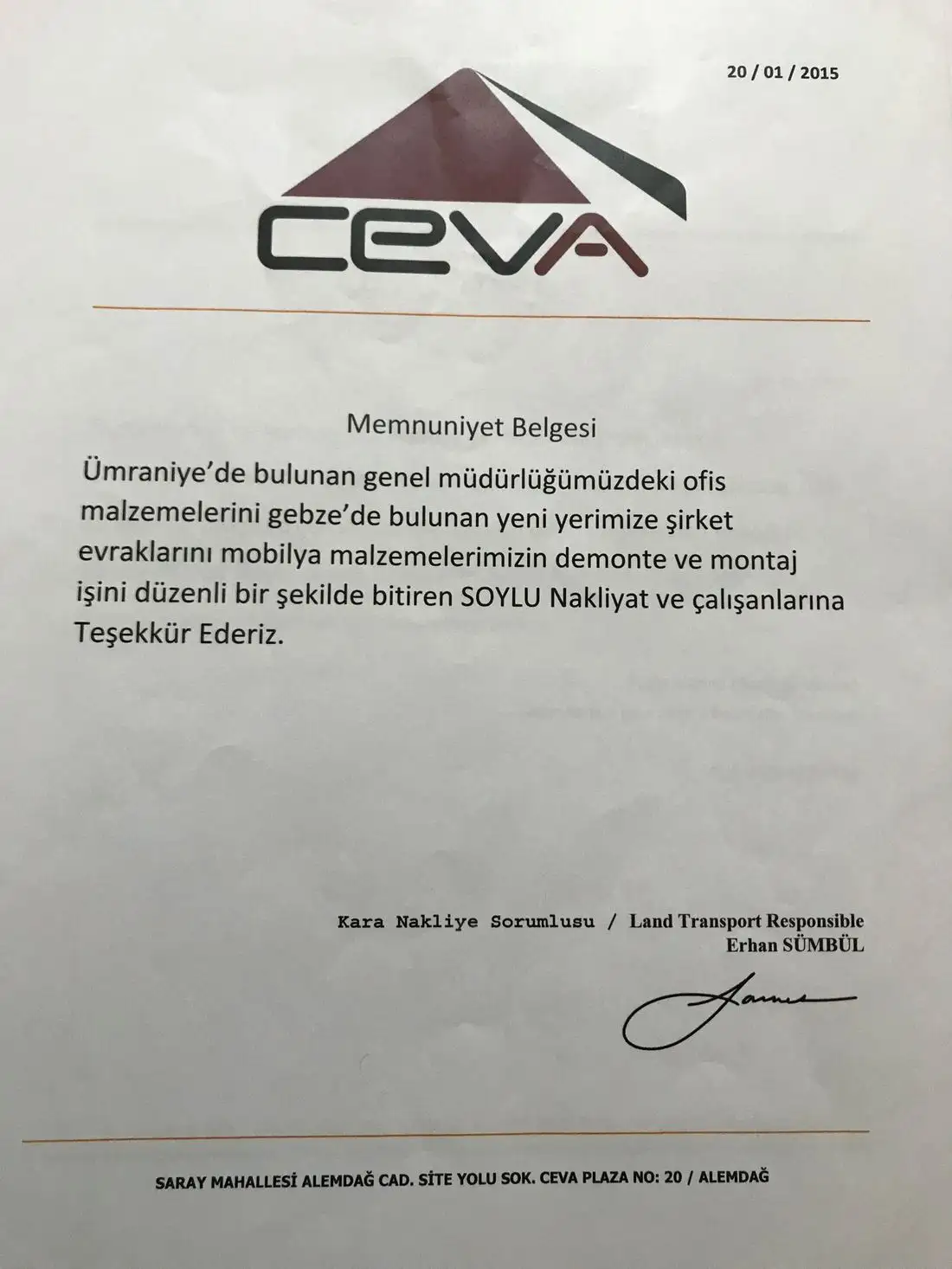 CEVA Logistics tarafından Soylu Nakliyat'a verilen ofis taşıması memnuniyet belgesi