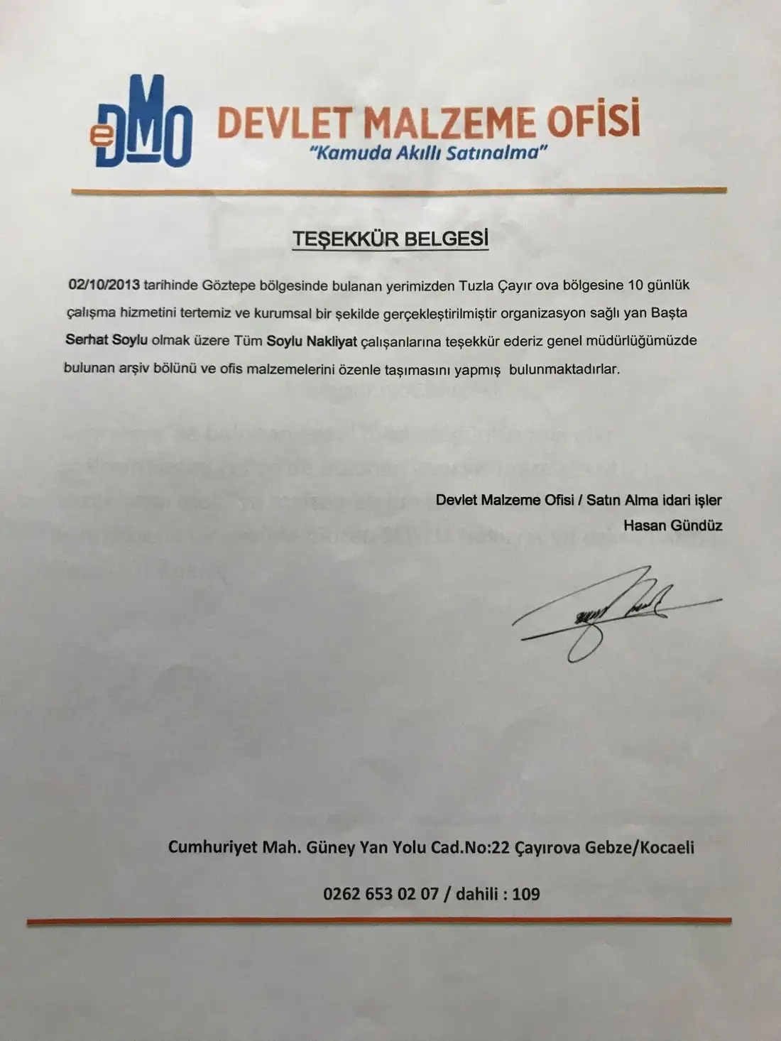 Devlet Malzeme Ofisi tarafından Soylu Nakliyat'a verilen genel müdürlük taşıması teşekkür belgesi