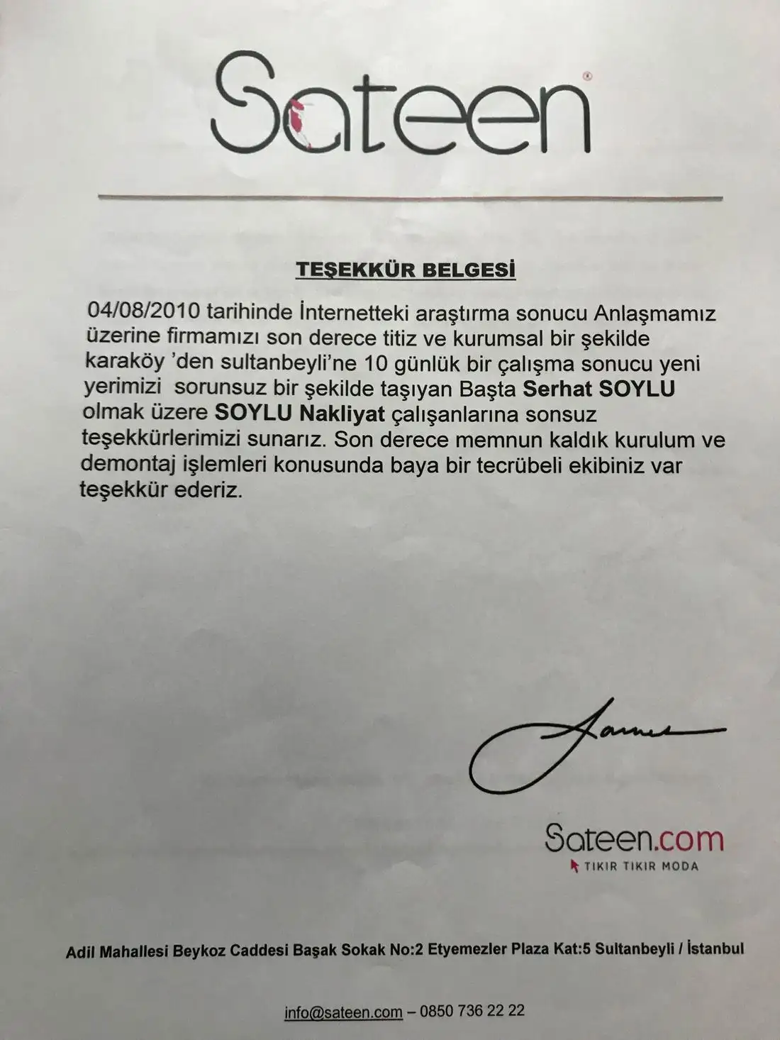 Sateen: Merkez ofis taşıması teşekkür belgesi