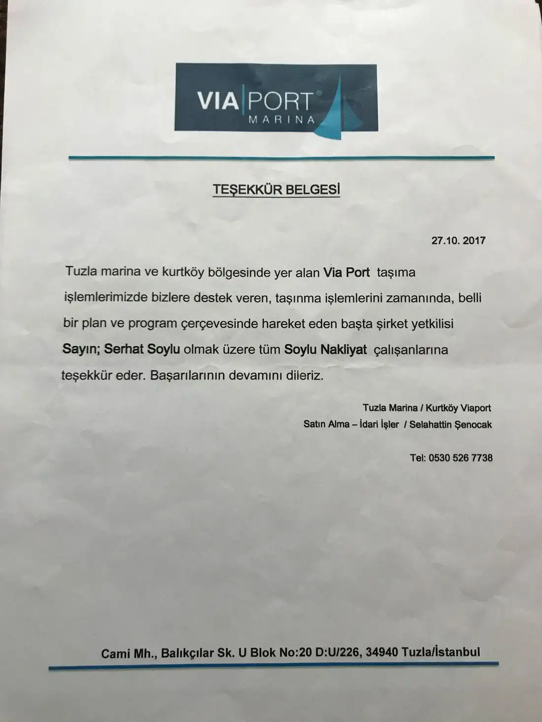 Via Port Marina: Ofis taşıması teşekkür belgesi